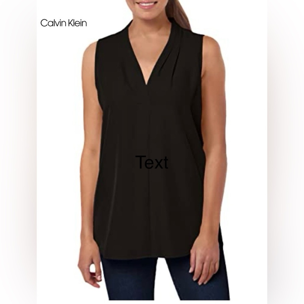 Calvin Klein Black V-Neck Gold Logo Classy Sleeveless Silky Blouse Size M NWT